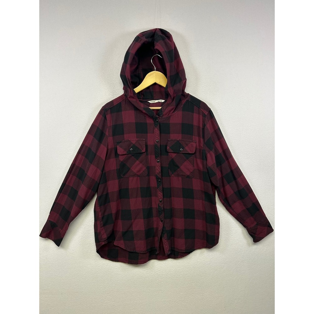 Hippie Laundry Grunge Lumberjack Womens XL Burgundy Black Hooded Flannel Shirt